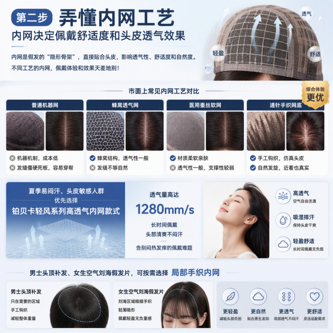 第二步，弄懂内网工艺，内网决定佩戴舒适度和头皮透气效果